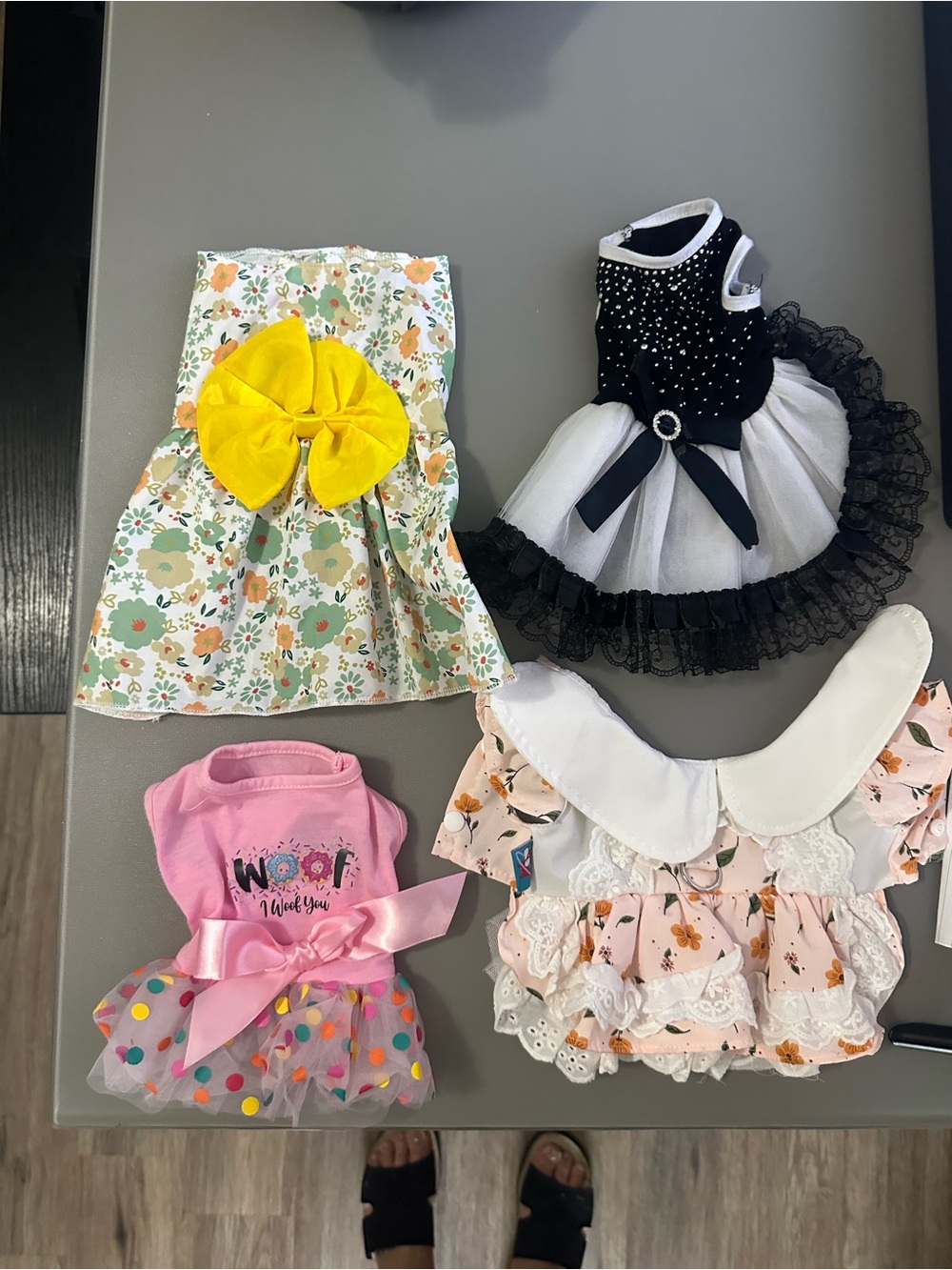Assorted Floral & Black Tulle Dog Dresses, Yellow Bow Accent